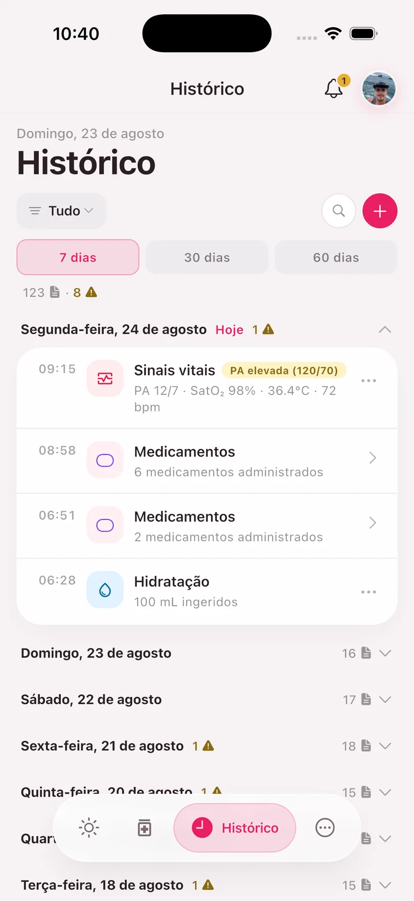 Tela de histórico do SoryCare