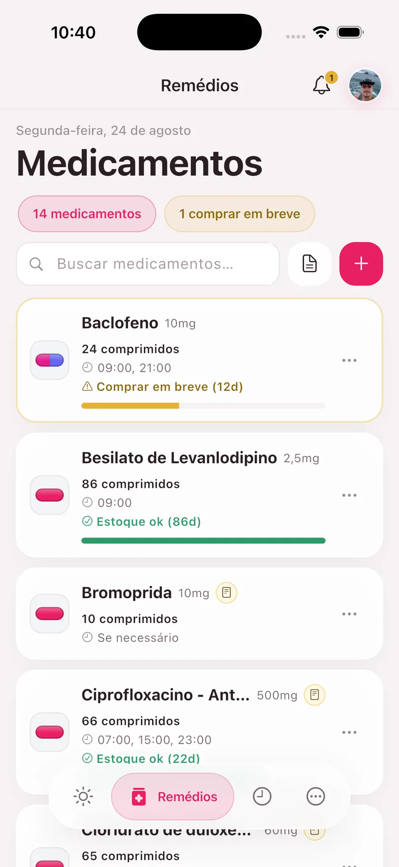 Tela de medicações do SoryCare